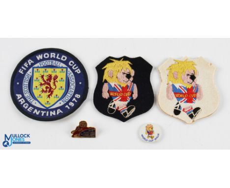 1966 World Cup Willie and 1978 Scotland World Cup Argentina Patches and Enamel Badge, to include x2 period 1966 patches, 1 Wo