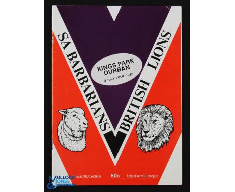 1980 SA Barbarians v B &amp; I Lions Rugby Programme: At Durban, 2/7/80, 32pp issue. VG