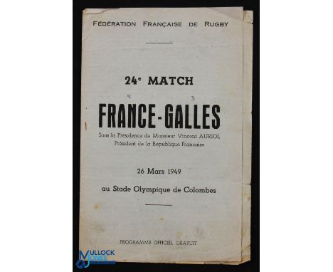 Rare France v Wales 1949 Rugby Programme: Difficult to source, and in generally G/VG condition for its nearly 75 years, only 