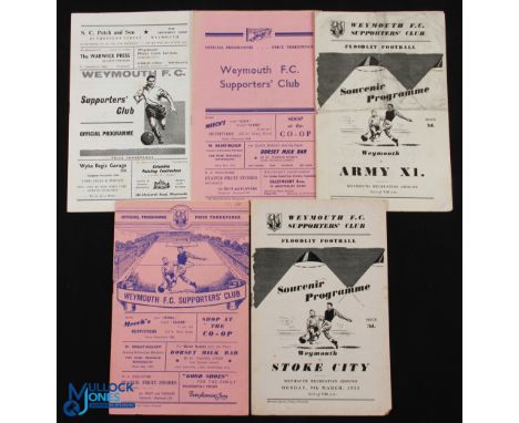 Weymouth FC friendly home match programmes 1952/53 Merthyr Tydfil, 1952/53 Stoke City, 1953/54 Army XI, 1956/57 Portsmouth, 1