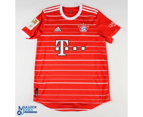 Alphonso Davies No 19 Bayern Munich 2022/23 home match issue football shirt - in red, Adidas / T Mobile, Bundesliga and Qatar