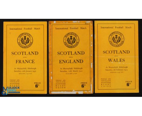1952 &amp; 53 Scotland v France, England &amp; Wales Rugby Programmes (3): First two from 1952, one with slight split, other 