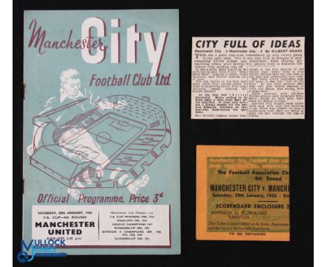 1954/55 Manchester City v Manchester Utd FAC match programme + Ticket plus newspaper cutting; fair. (1)