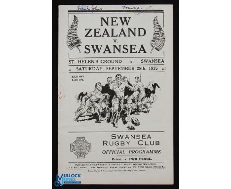 Scarce 1935 Swansea v NZ Rugby Programme: The St Helen's Ground issue for the famous defeat of the All Blacks by Tanner, Davi