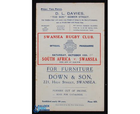 Scarce 1931 Swansea v S Africa Rugby Programme: The St Helen's Ground issue for the Springboks' visit. VG