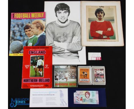 George Best items to include 1960s magazine picture 10" x 16" (printed autograph), Typhoo tea card with printed autograph, Co