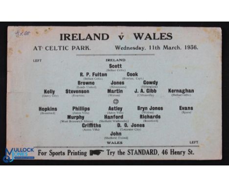 Pre-War International match programme team sheet 1936 Ireland v Wales at Celtic Park, Belfast 11 March 1936; single card, gre