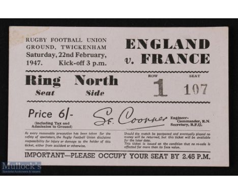 1947 England v France Rugby Ticket: Lovely large old buff North Ring ticket for the first official meeting at HQ after WW2. V