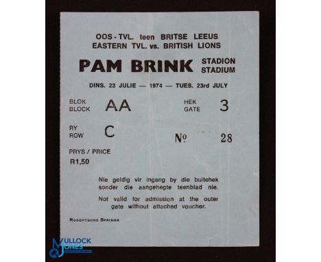 1974 British &amp; I Lions in S Africa Test Rugby Ticket: Very clean large blue ticket for Eastern Transvaal v the famous Unb