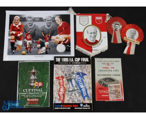 Manchester United Dennis Law &amp; Bobby Charlton Signed photographs, comes with 2 period rosettes of Dennis Law and Bobby Ch