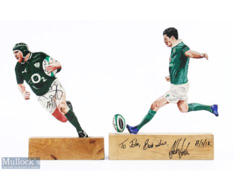 J Sexton/R Best, Irish Rugby Grand Slam Delight (2): Large colourfully painted action figures, accurately wood-carved, signed