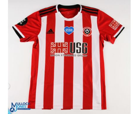 Chris Basham No 6 Sheffield United 2019/20 'NHS' home match issue football shirt - in red and white, Adidas / USG, Black Live