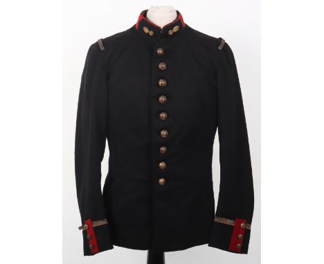 Pre-1914 French Officers Tunic, short pattern black cloth tunic with red stand up collar. Bullion embroidered collar patches 