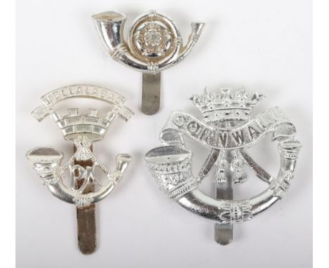 3x Anodised Aluminium British Infantry Regiments Cap Badges, consisting of Duke of Cornwall’s Light Infantry, Somerset Light 