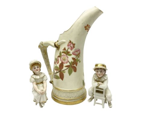 Royal Worcester tusk jug, blush ivory ground, with floral design, stamped 1116 to the base,, together with pair figures of a 