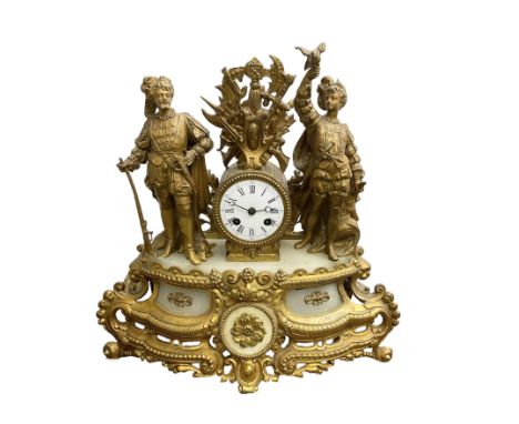 French - late 19th century 8-day mantle clock in a spelter case  with alabaster panels, drum movement flanked by figures in 1