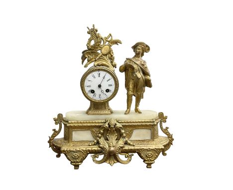 French - mid 19th century 8-day mantle clock with a gilt spelter case and alabaster panels, drum cased movement and figure of