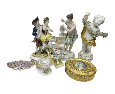 Chelsea style ceramic figure, modelled as a peacock, with gilt detailing throughout, together with four continental figures, 