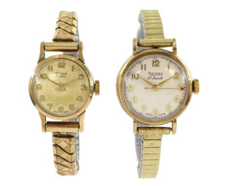 Two 9ct gold manual wind wristwatches, hallmarked, on expanding gilt strapsCondition Report:Approx 38.75gm gross, movements n