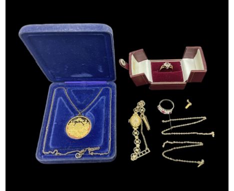 9ct gold cased wristwatch, with 9ct gold strap, 9ct gold stone set ring and silver jewellery including gilt coin pendant neck