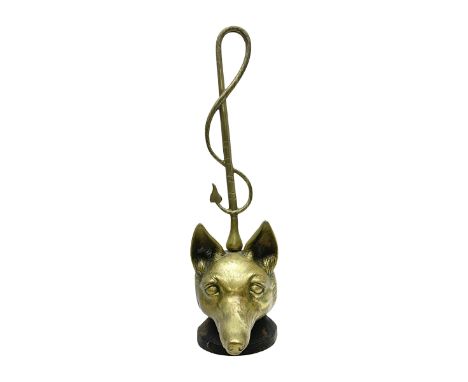 Brass fox mask and hunting whip door stop, H44cm