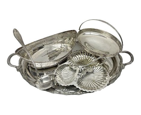 Large silver plated oval tray, together with other silver plated items including swing handled basket, ladle, shell shaped se