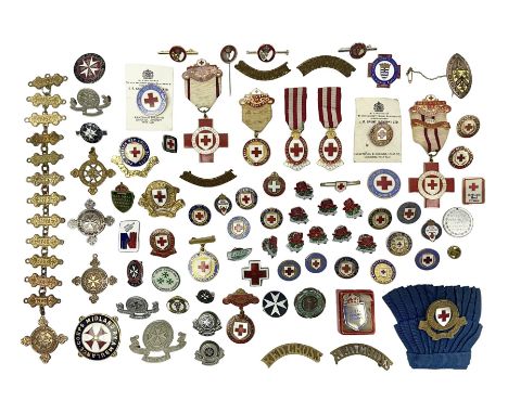 Collection of St John Ambulance enamel and metal badges, together with Red Cross medals and badges