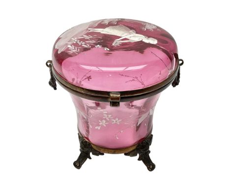 19th century Mary Gregory style box of wasted form the hinged lid decorated in white enamel depicting a female figure in the 