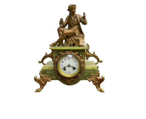 French - Edwardian 8-day mantle clock in a green onyx case surmounted by a figure of an 18th century scholar, with conforming