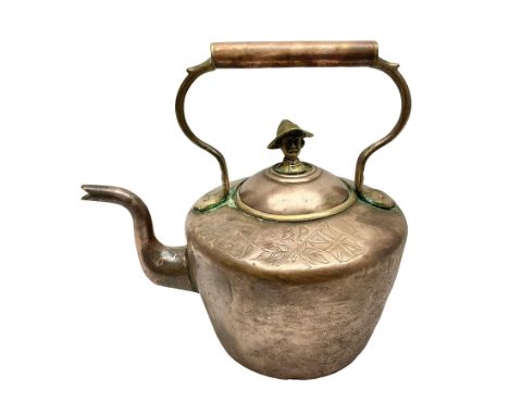 Engraved copper kettle, with Baden Powell Mafeking decoration with union jack flags, with finial modeled as Baden Powell, H31