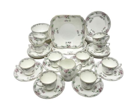 Shelley Bramble Rose pattern tea service, comprising milk jug, open sucrier, ten cups and twelve saucers, twelve dessert plat