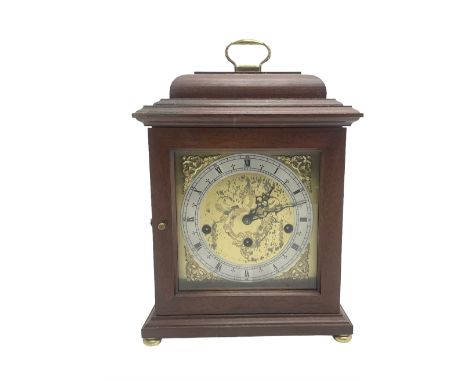 Hermle - German 8-day 20th century quarter chiming mantle clock , in a mahogany case with a moulded top and carrying  handle,