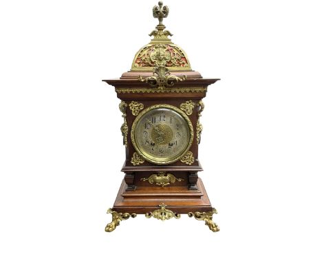 Lenzkirch - Edwardian German 8-day  mantle clock in an oak case with brass mounts and a pierced dome pediment with finial, si
