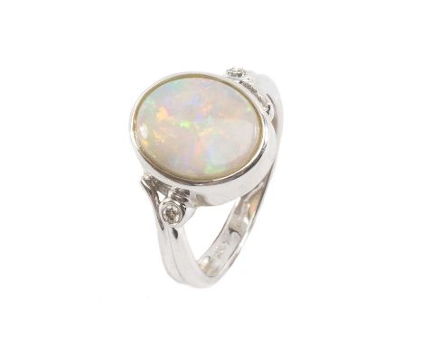 9CT WHITE GOLD OPAL & DIAMOND RING, ring size L, 3.1gmsProvenance: private collection PembrokeshireComments: good overall, li