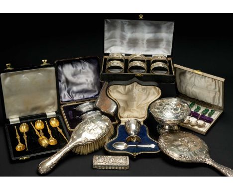 ASSORTED SILVER, including Continental pedestal bowl, cigarette case, hairpin box, silver back hand mirror and brush, pait sa