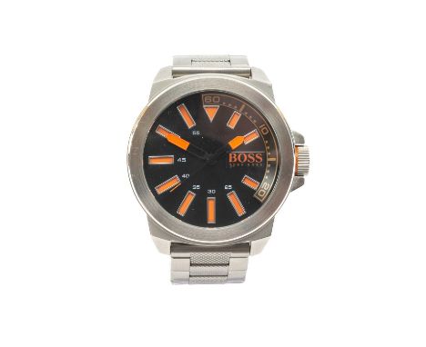 HUGO BOSS STAINLESS STEEL BRACELET WATCH, New York, HB211.1.142627, 6 267 410, black dial with orange markers, steel bracelet