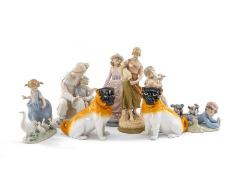 ASSORTED CONTINENTAL PORCELAIN FIGURINES, including pair seated pugs 16cms h, Royal Dux watercarrier no. 2299 27.5cms h, Llad