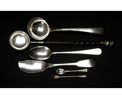 ASSORTED SILVER SPOONS &amp; A KNIFE, including Victorian cayenne pepper or snuff spoon, 1862; Victorian onslow pattern musta