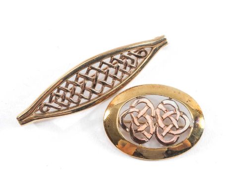 TWO 9CT GOLD BAR BROOCHES, oval Celtic design brooch and another similar, hallmarked with Welsh dragon, 11.9gms gross (2)Prov