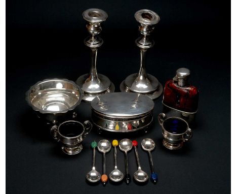 ASSORTED SILVER & EPNS, including George V spirit flask with leather sleeve 11cms h, pair urn salts with liners, silver oval 