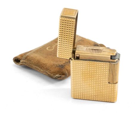 ST DUPONT GOLD PLATED CIGARETTE LIGHTER, engine turned decoration, gas-filled, ser. no. E4FT13, 4.6cms highComments: excellen