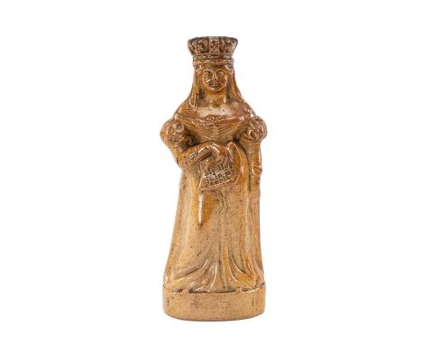 RARE 19TH CENTURY DOULTON & WATTS SALT GLAZED DECANTER / FLASK, modelled as Queen Victoria standing and holding a scroll insc