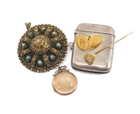 ASSORTED JEWELLERY comprising pair of USA gold coin earrings, gold heart diamond set pin, 9ct gold locket pendant, 10.3gms gr