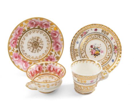 TWO EARLY 19TH C. PORCELAIN CUPS & SAUCERS, comprising CHAMBERLAIN WORCESTER COFFEE CUP & SAUCER, richly gilt and enamelled w