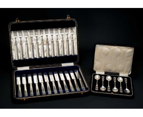 TWO CASED SILVER SETS OF FLATWARE, including set 12 Elkington fruit knives and forks, Sheffield 1919, engraved initial B, in 