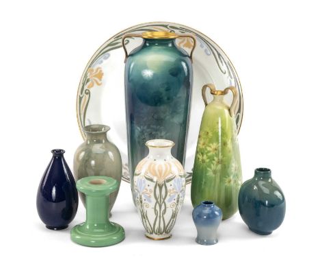 DOULTON CERAMICS comprising Lactolian ware vase and plate, two Luscian ware vases, four small Titanian ware vases and a green