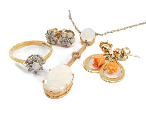 OPAL & CORAL JEWELLERY comprising 9k gold opal pendant on chain, pair of opal and diamond earrings, similar opal and diamond 