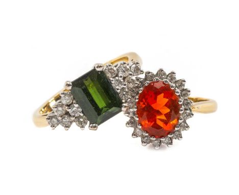 TWO 18CT GOLD RINGS comprising fire opal and diamond cluster ring and green tourmaline and diamond ring, 9.1gms gross (2)Prov