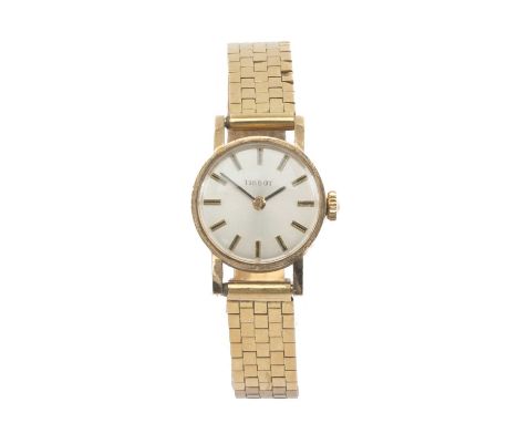 18CT GOLD TISSOT LADIES BRACELET WATCH, champagne dial with baton numerals, brick link bracelet with deployant clasp engraved