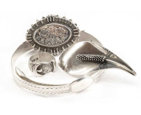 ASSORTED SILVER comprising Aarre Krogh Danish sterling silver brooch, silver sugar tongs bangle, silver morning brooch and si